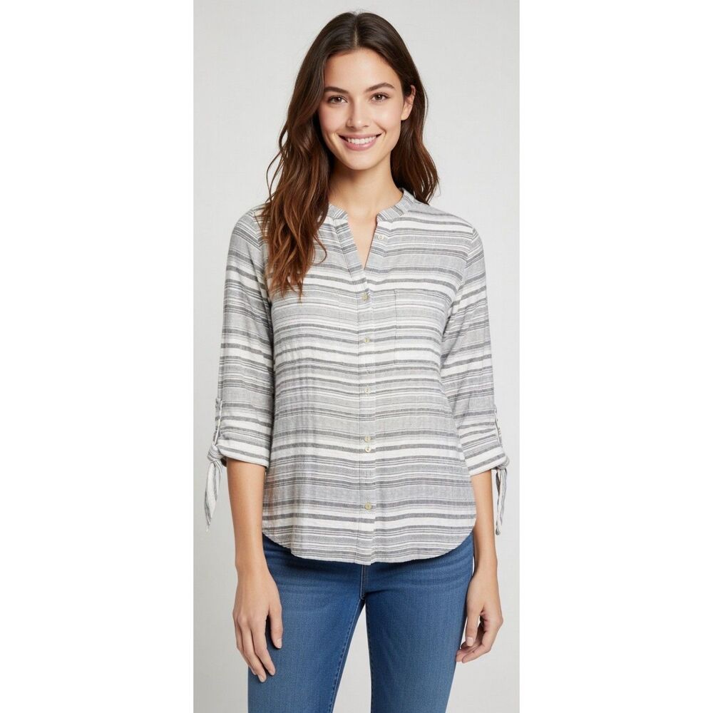 Anne Klein Large Gray Striped Linen Blend V-neck Button Front Shirt Top